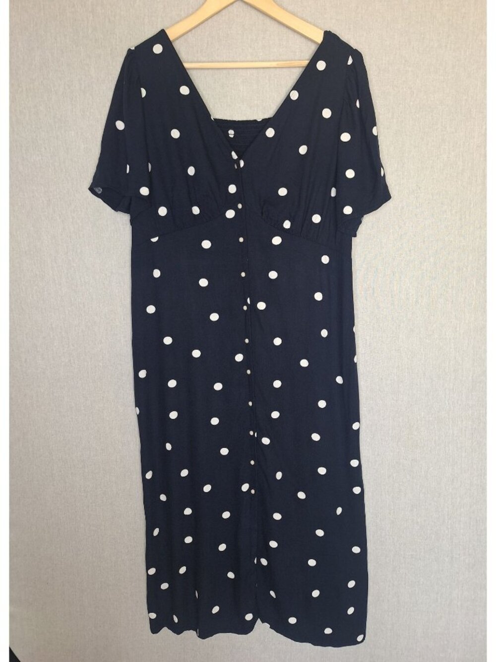 💙 Women's Navy White Polka Dot Midi/Maxi Dress Size XL Rayon Flowy Button Front